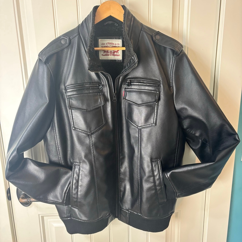 Men's Levi Strauss & Co. Black Faux Leather Bomber Jacket Sherpa Lined XL